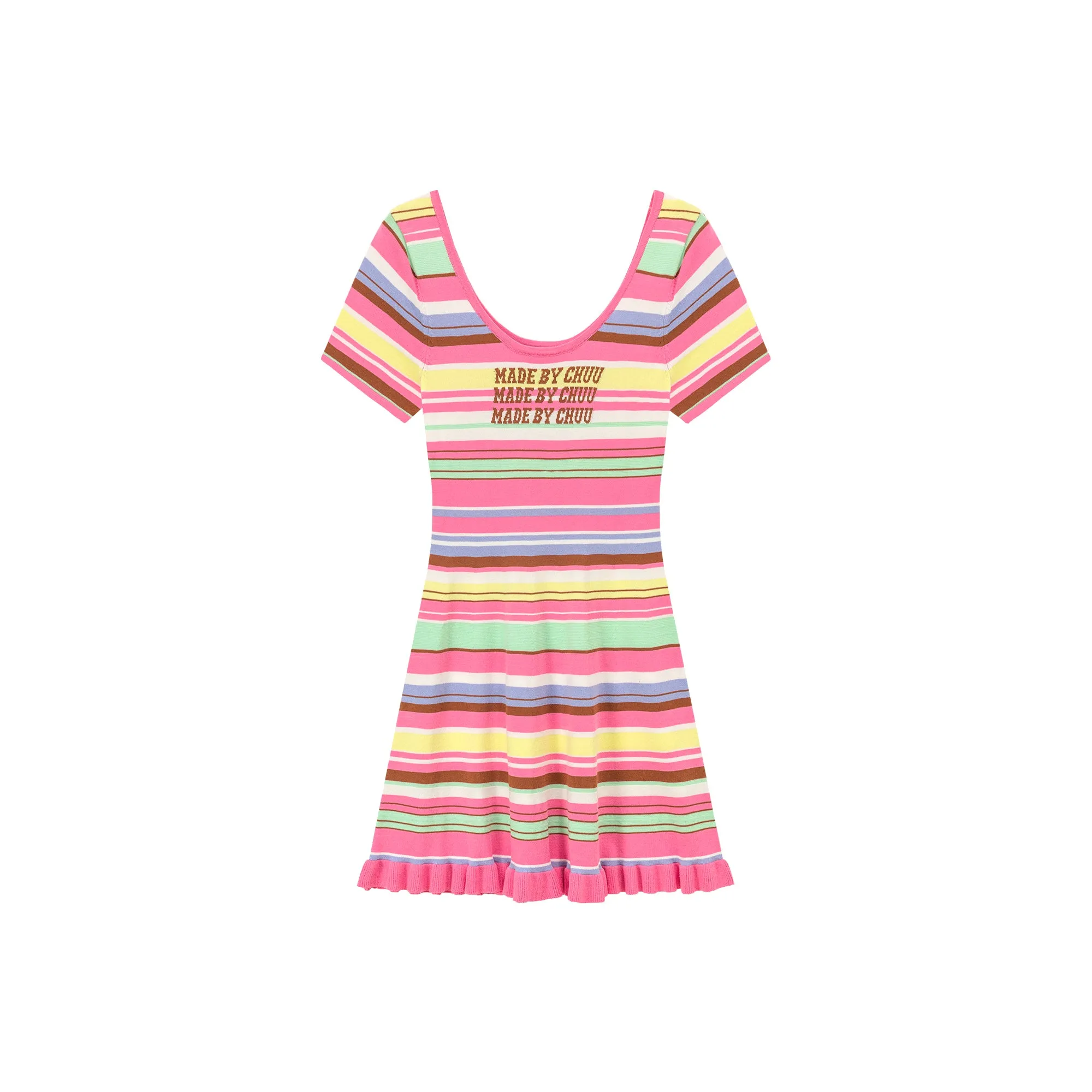 Rainbow Stripe Lettering Ruffle Hem Knit Dress