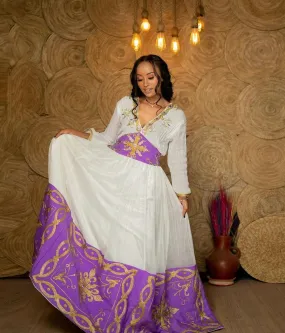 Regal radiance Ethiopian dress purple beaded habesha kemis