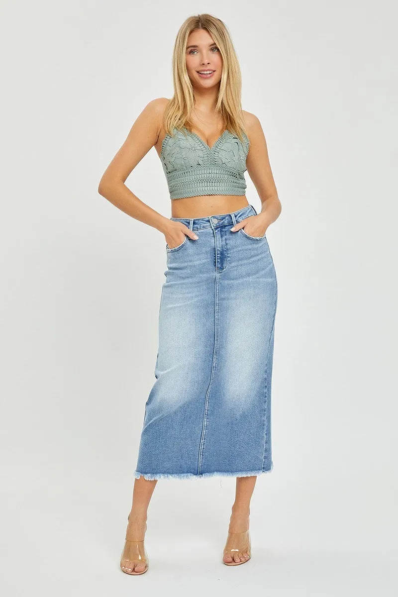 Risen Medium High Rise Frayed Hem Long Pencil Skirt