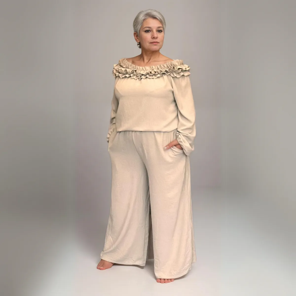 ROCKTHOSECURVES RUFFLED NECK OUT FIT SET WITH POCKET PALAZZO TROUSERS