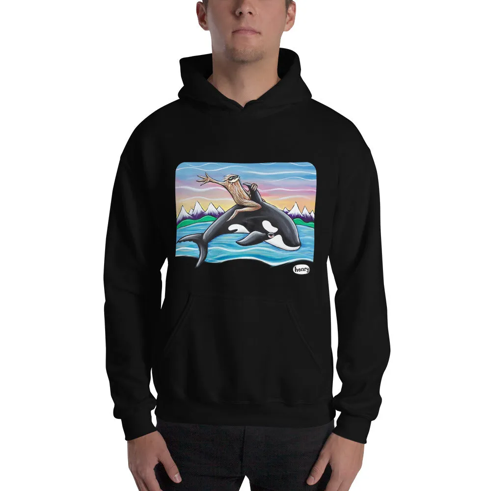 Sasquatch Riding an Orca Balck Unisex Hoodie | Wearable Art by Seattle Mural Artist Ryan "Henry" Ward