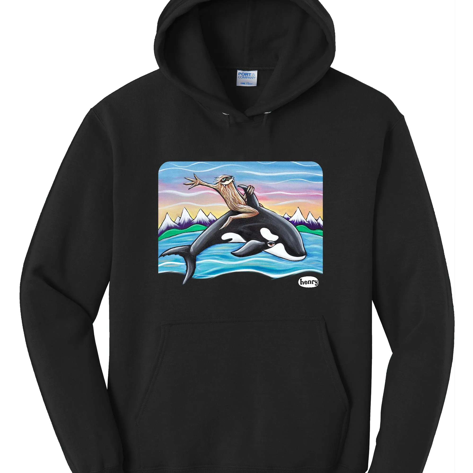 Sasquatch Riding an Orca Balck Unisex Hoodie | Wearable Art by Seattle Mural Artist Ryan "Henry" Ward
