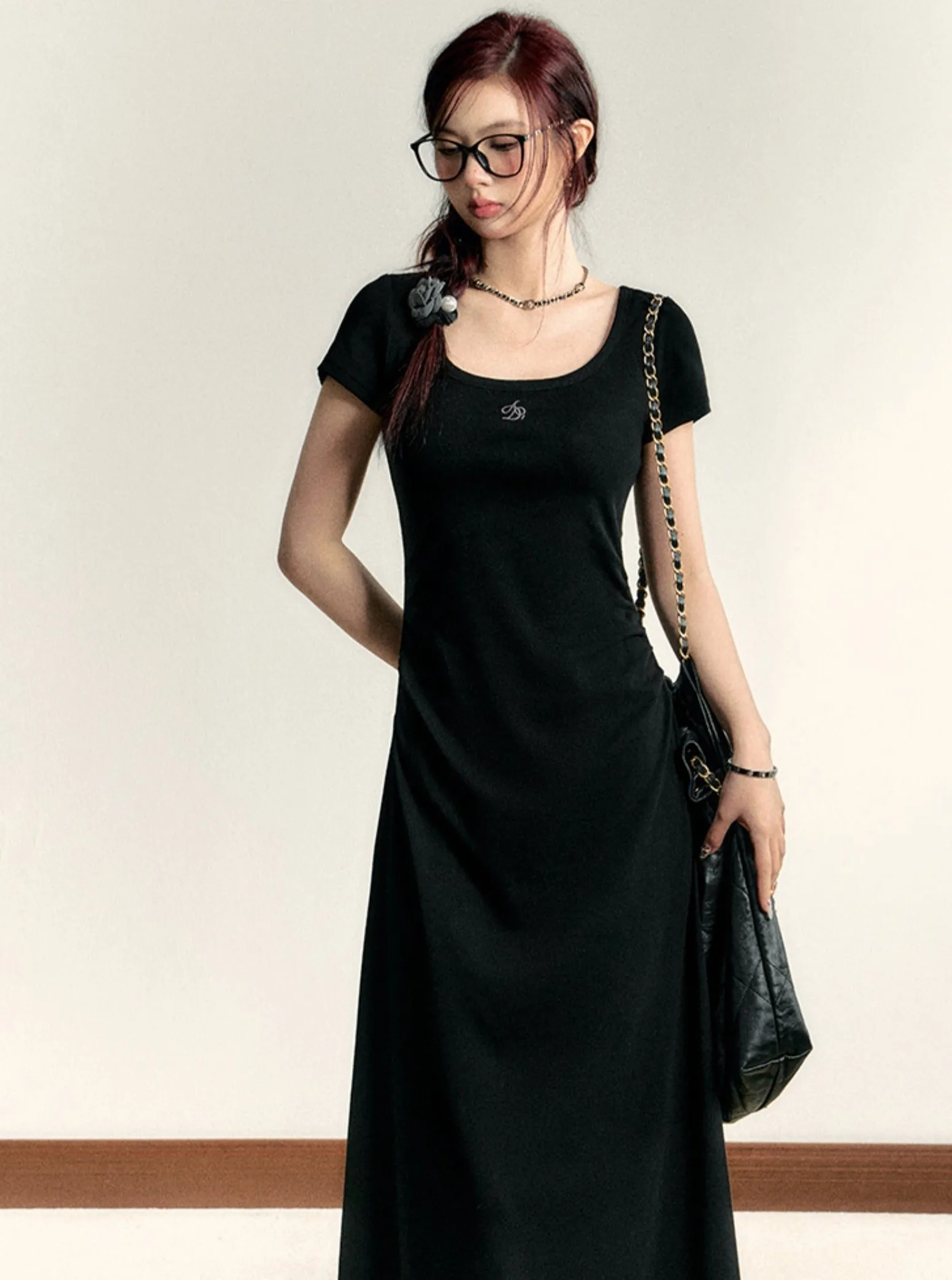 Scoop Neck Maxi T-Shirt Dress - Casual Side Ruched Jersey Knit Gown