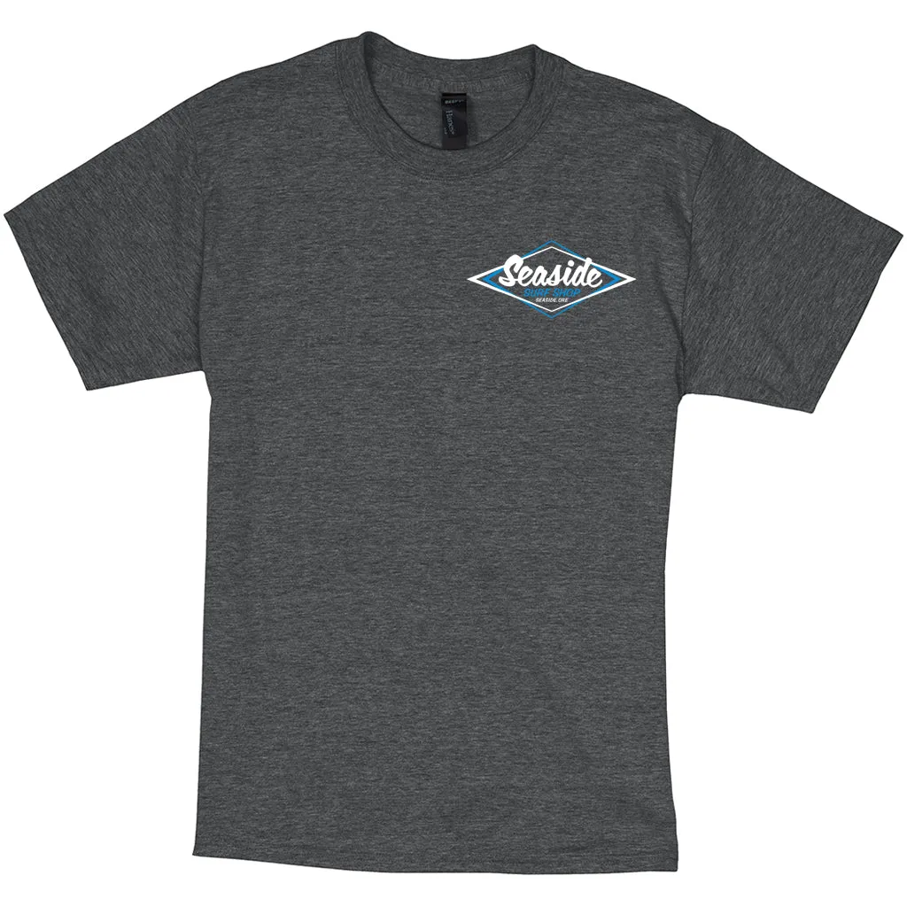 Seaside Surf Shop Mens Vintage Logo Tee - Charcoal Heather/White Blue