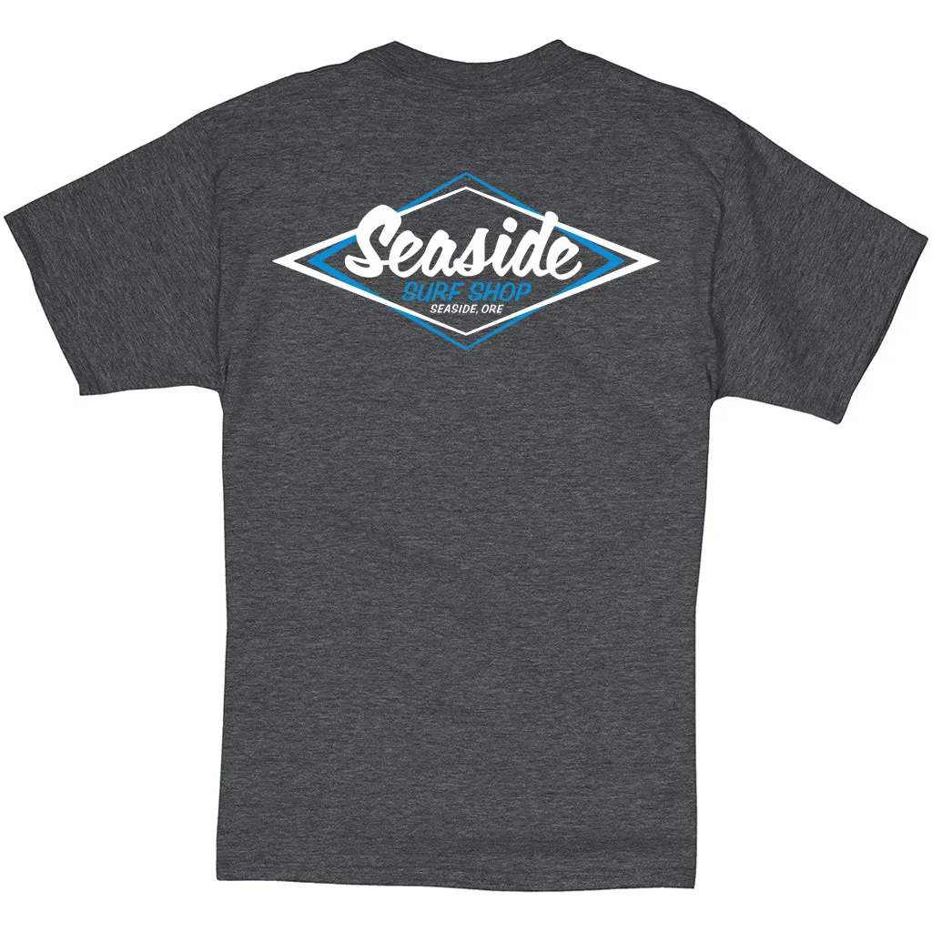 Seaside Surf Shop Mens Vintage Logo Tee - Charcoal Heather/White Blue