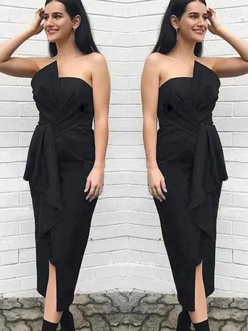 Sheath Bow Strapless Split Satin Bridesmaid Dress