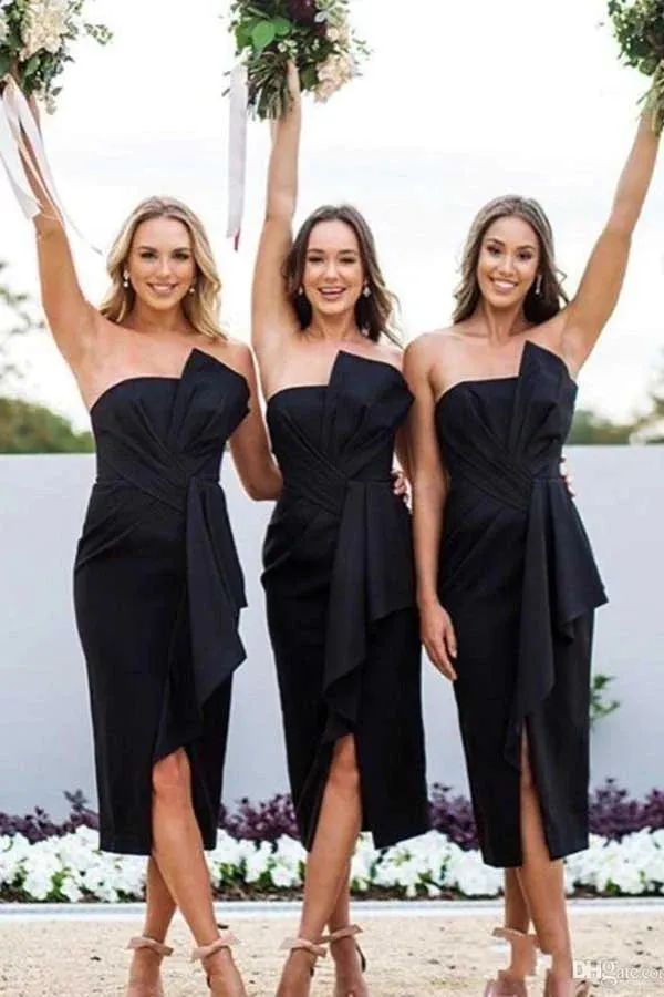Sheath Bow Strapless Split Satin Bridesmaid Dress