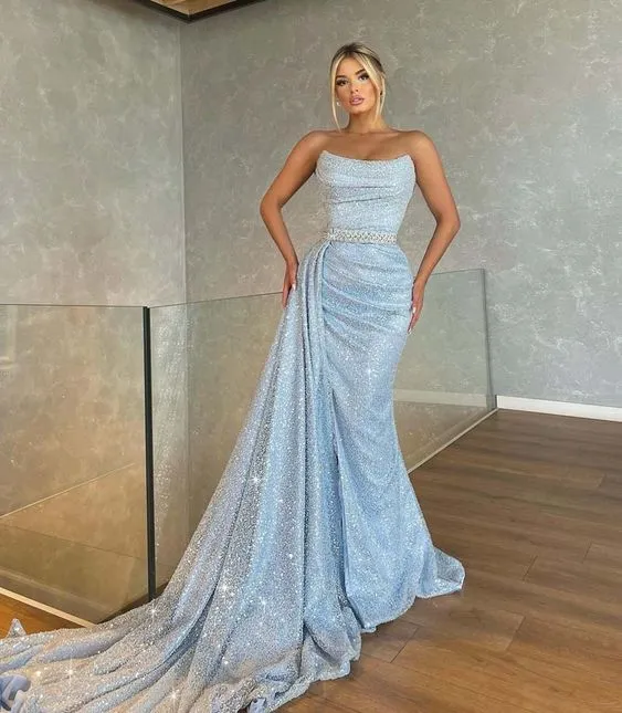 Shiny Scoop Mermaid Evening Dress Detachable Train Pleats Sequined Train Elegant Prom Gown    fg387