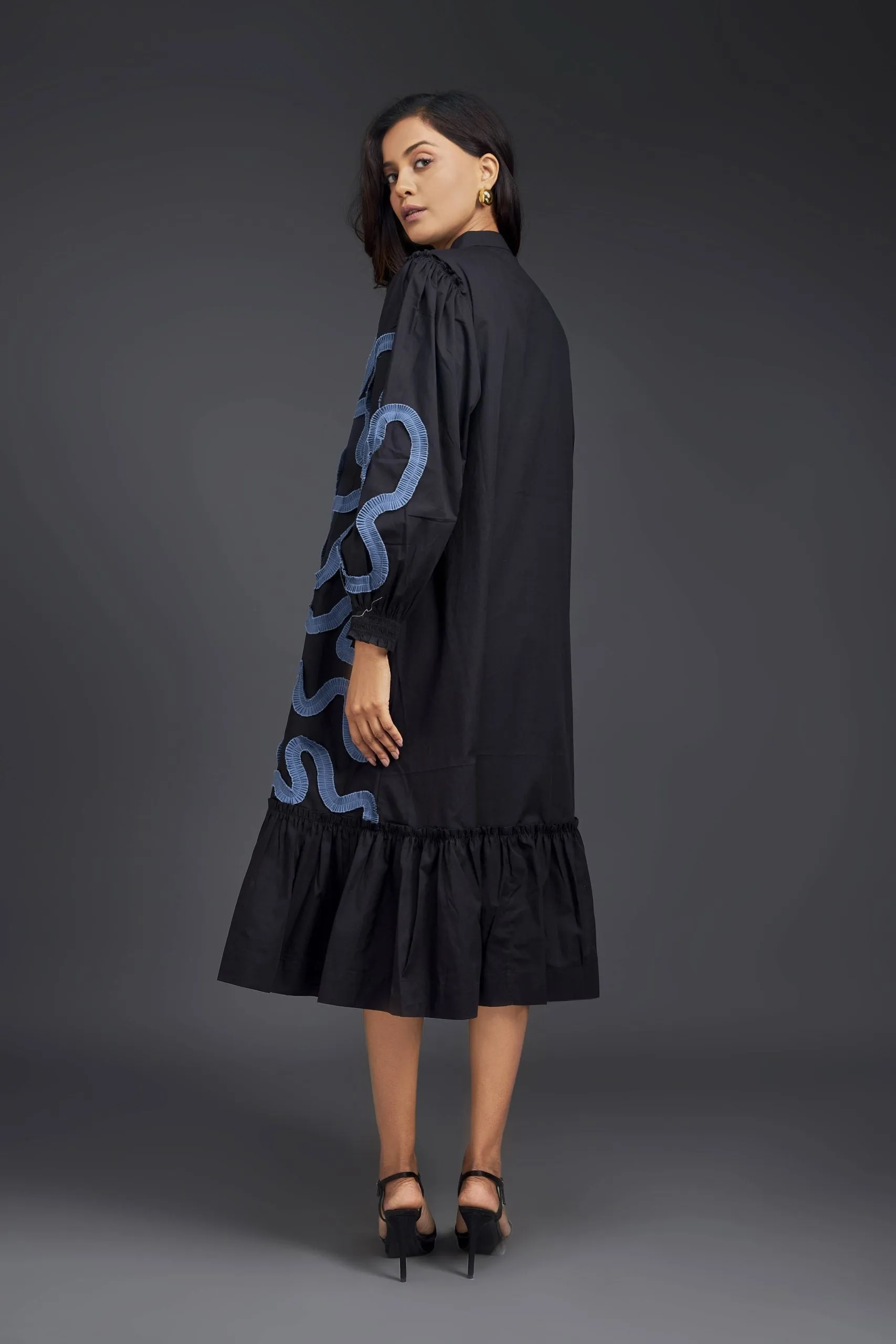 SHIRT DRESS WITH PLEATED FRILL DETAILING ON ONE SIDE