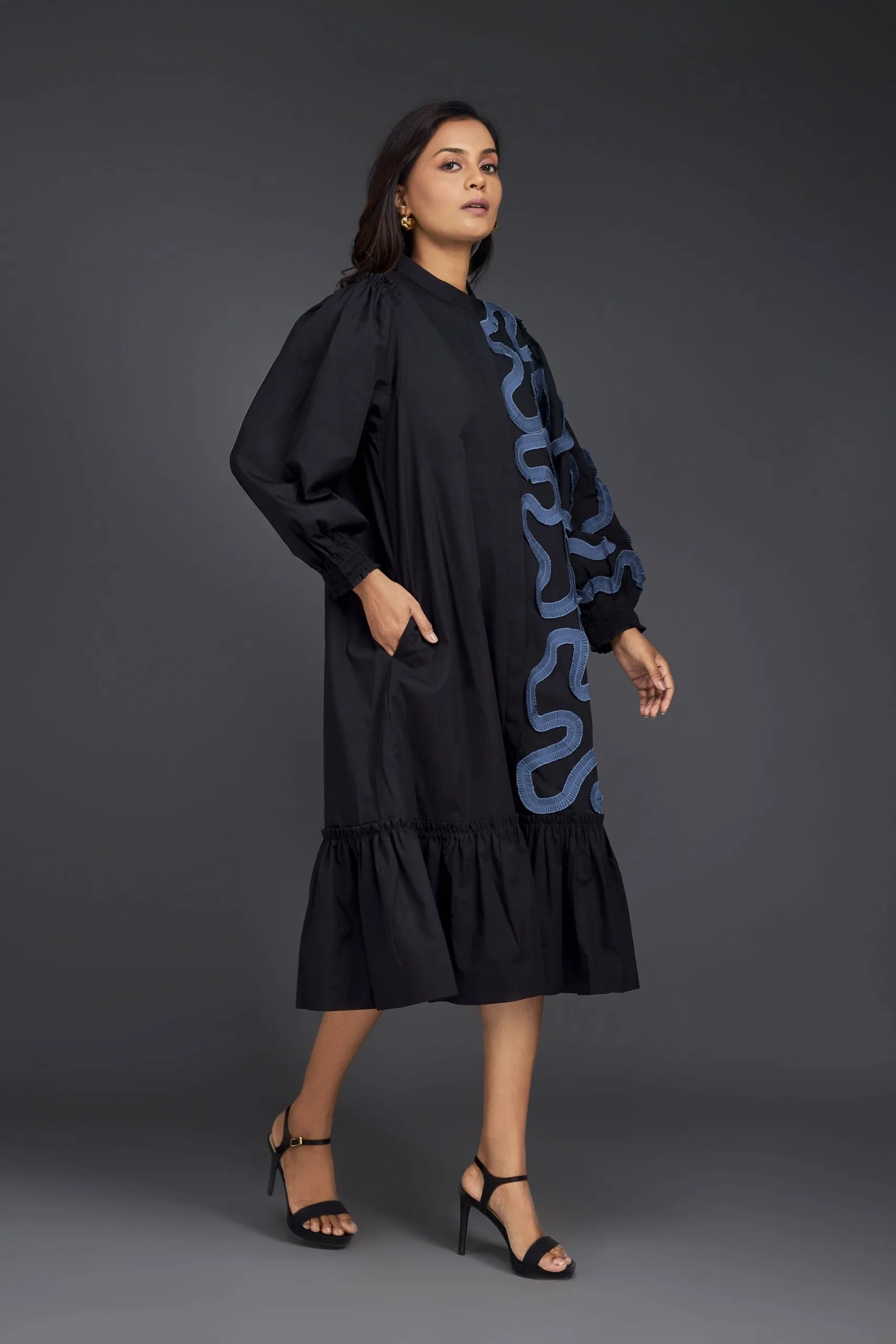 SHIRT DRESS WITH PLEATED FRILL DETAILING ON ONE SIDE