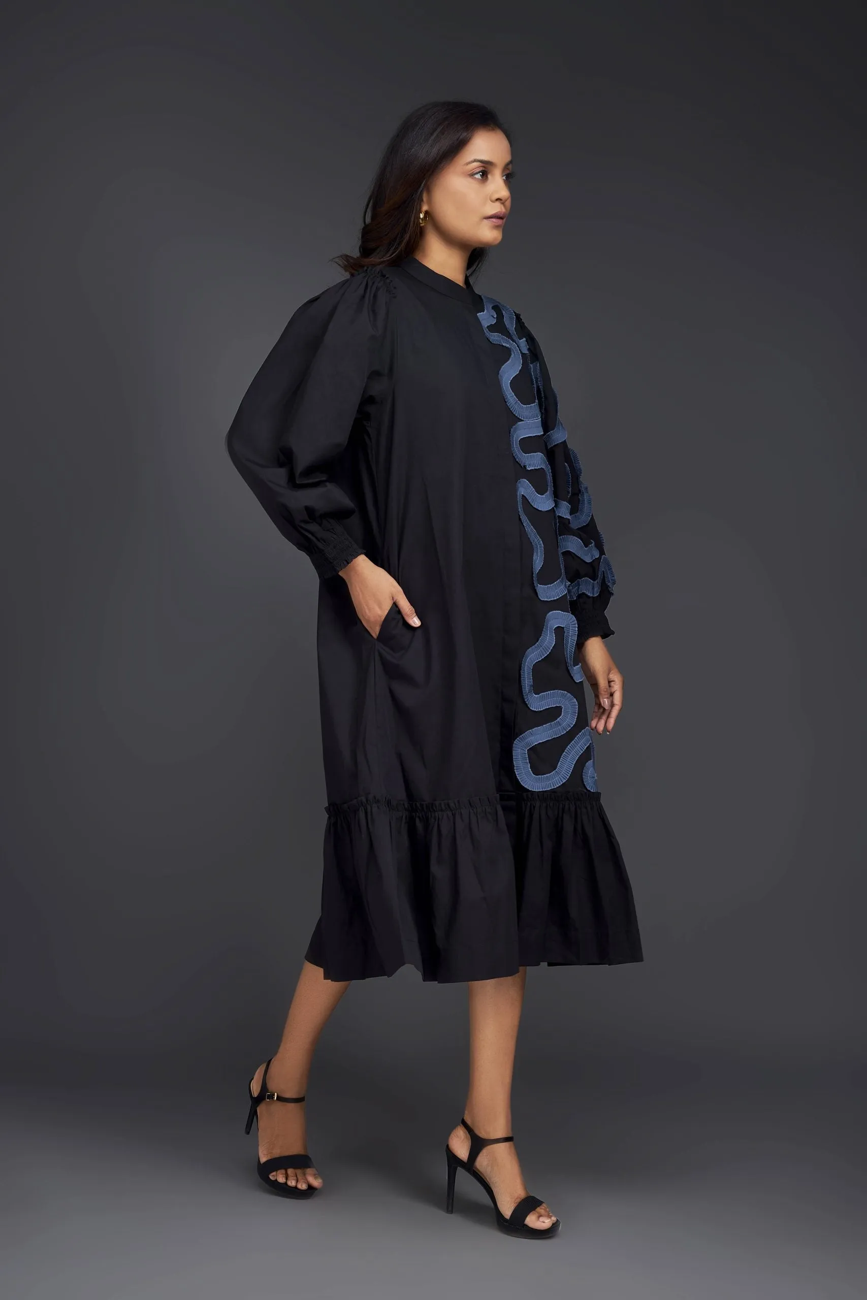SHIRT DRESS WITH PLEATED FRILL DETAILING ON ONE SIDE