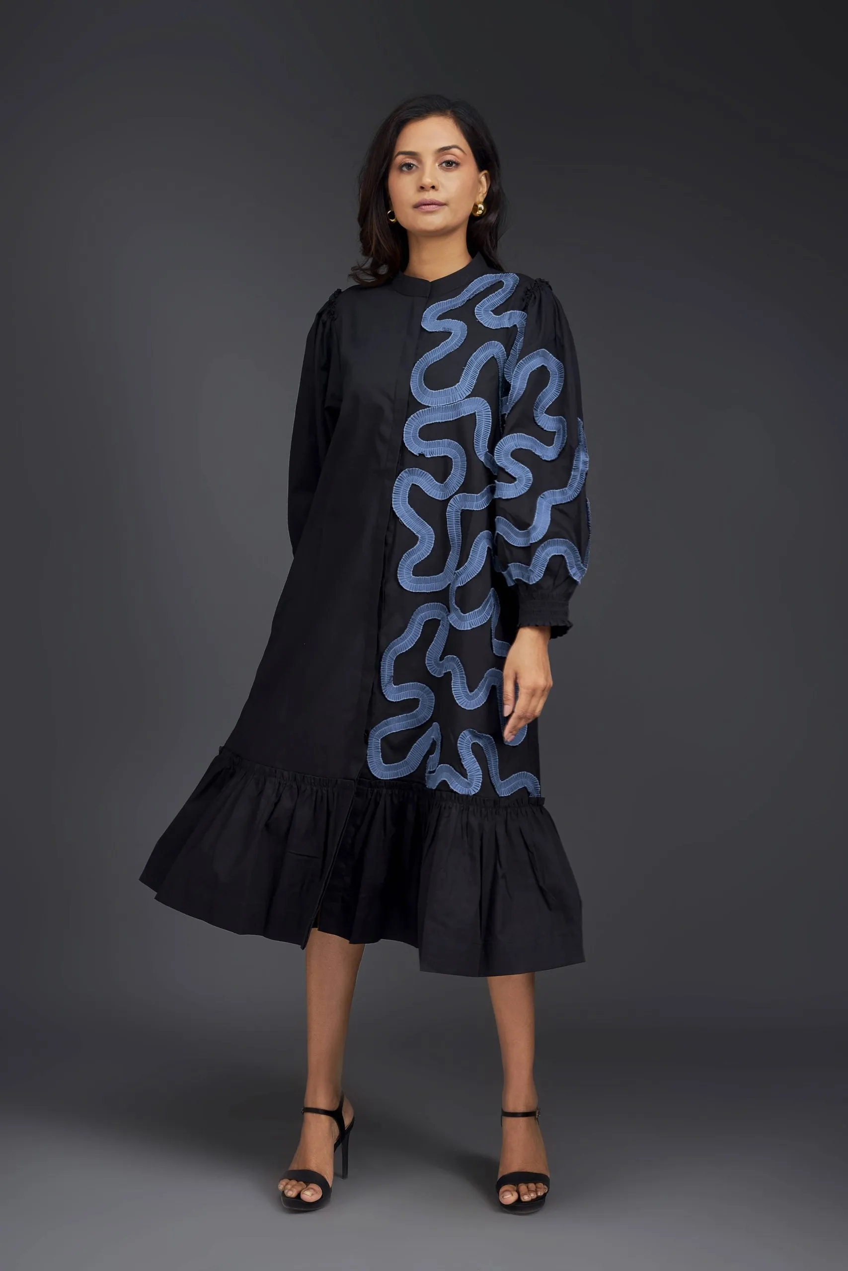SHIRT DRESS WITH PLEATED FRILL DETAILING ON ONE SIDE