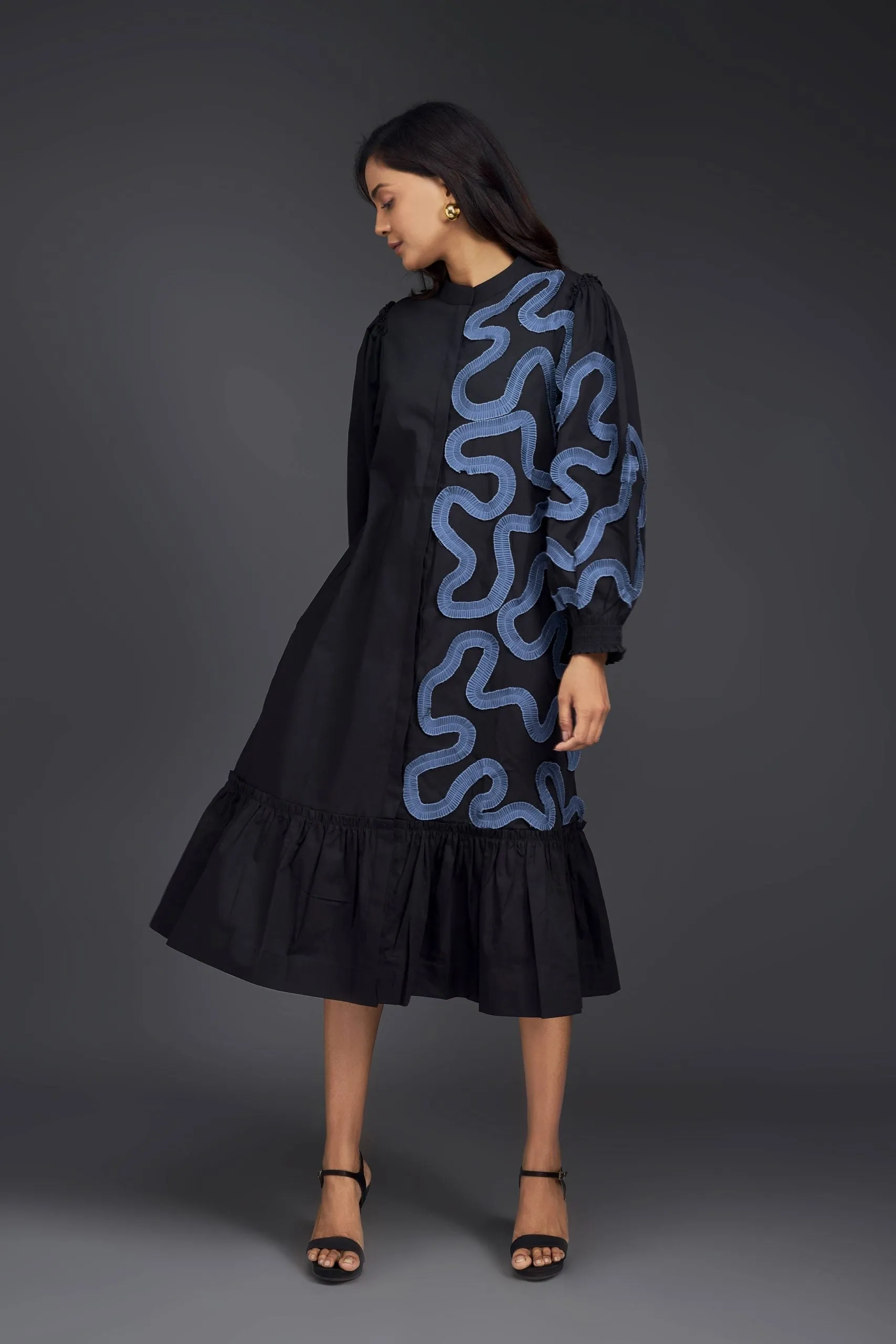 SHIRT DRESS WITH PLEATED FRILL DETAILING ON ONE SIDE