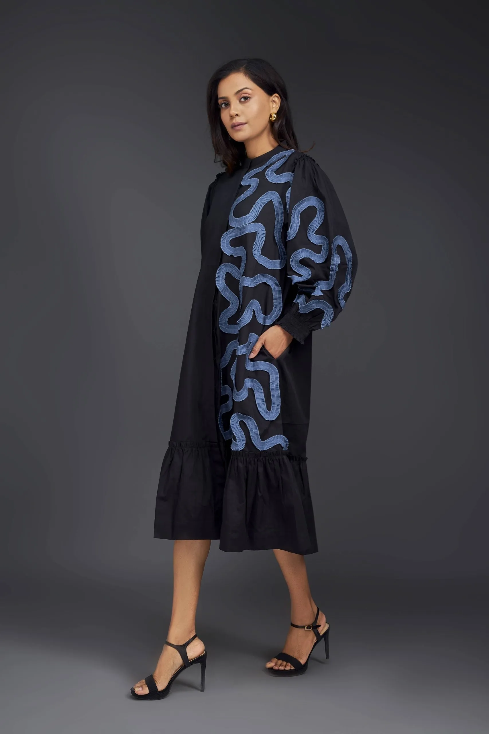 SHIRT DRESS WITH PLEATED FRILL DETAILING ON ONE SIDE