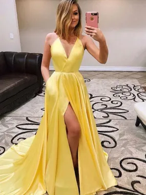 Simple Yellow A Line V Neck High Slit Satin Long Prom with Train, Yellow Formal, Yellow Evening, Graduation