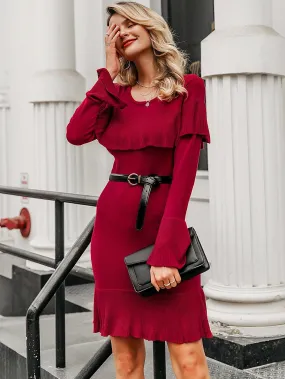 Simplee Solid Ruffle Trim Jumper Dress Without Belted