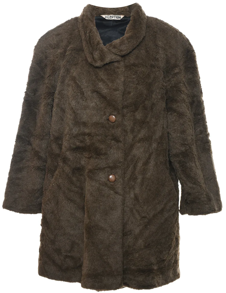 Single Breasted Classic Brown Faux Fur Coat - XL