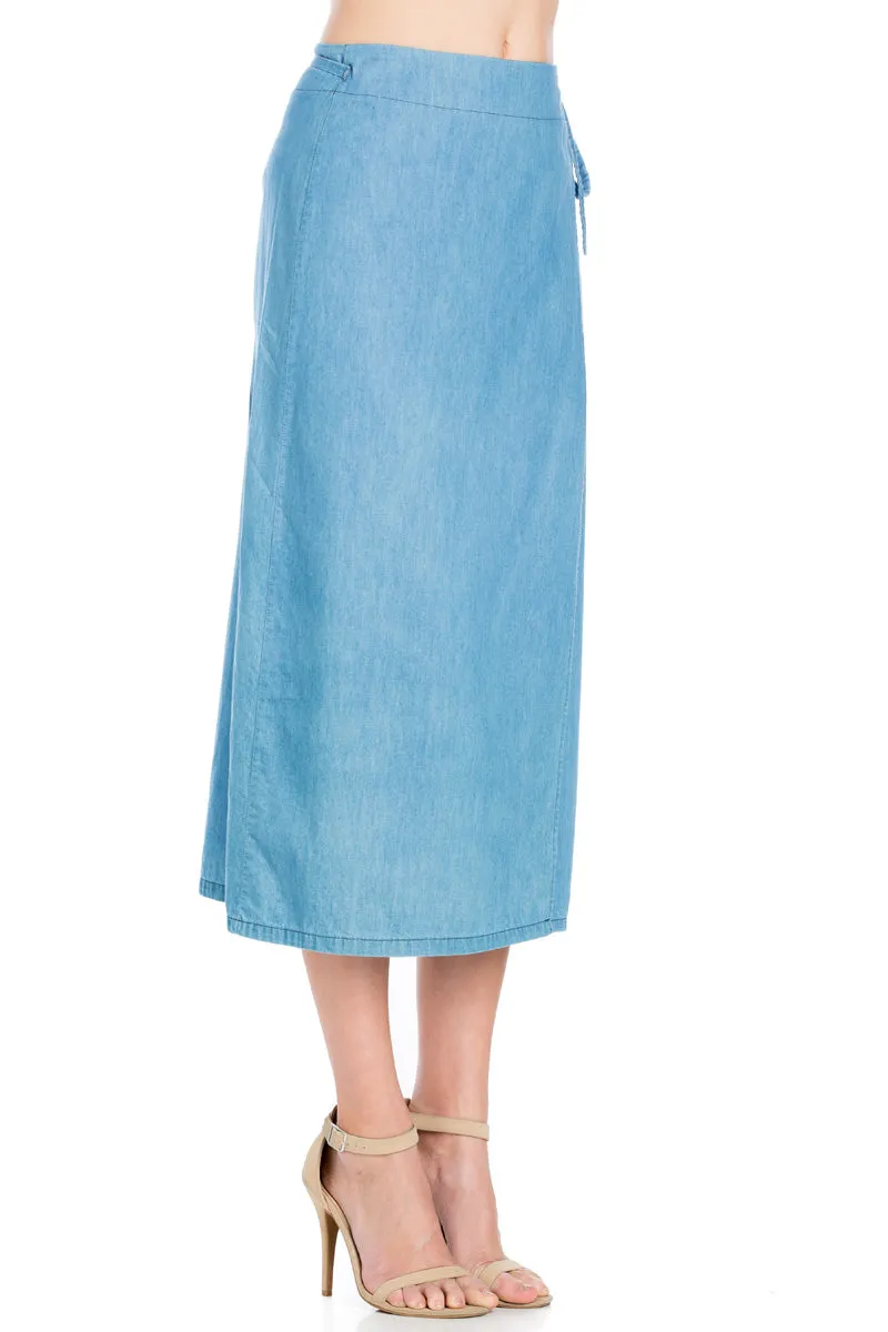 SK9020- Med. Wash High Waisted Wrap Maxi Skirt