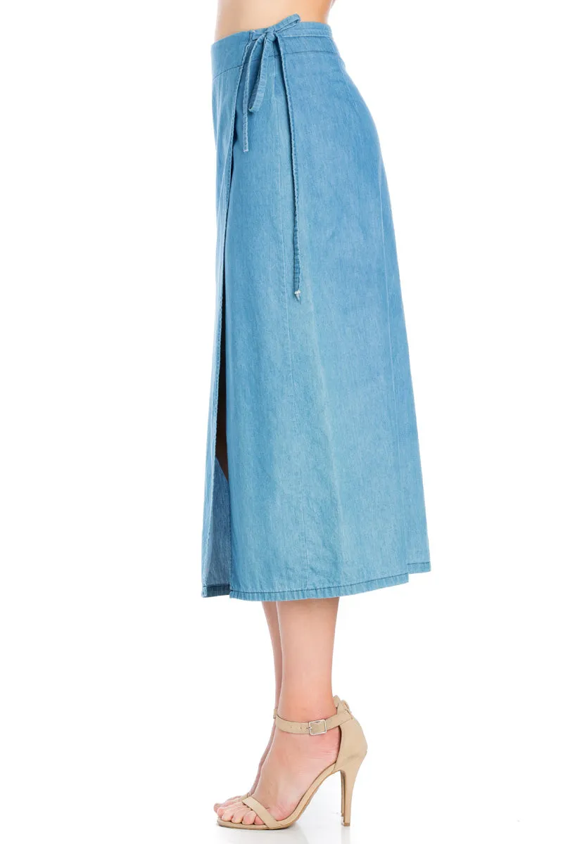 SK9020- Med. Wash High Waisted Wrap Maxi Skirt