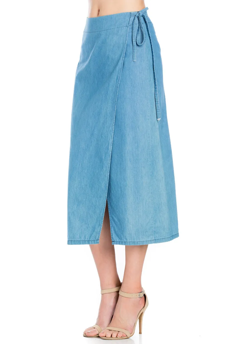 SK9020- Med. Wash High Waisted Wrap Maxi Skirt