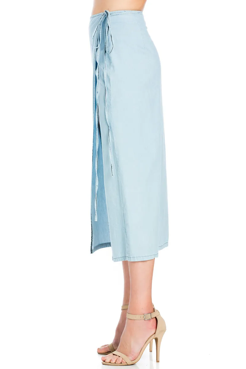 SK9020- Med. Wash High Waisted Wrap Maxi Skirt