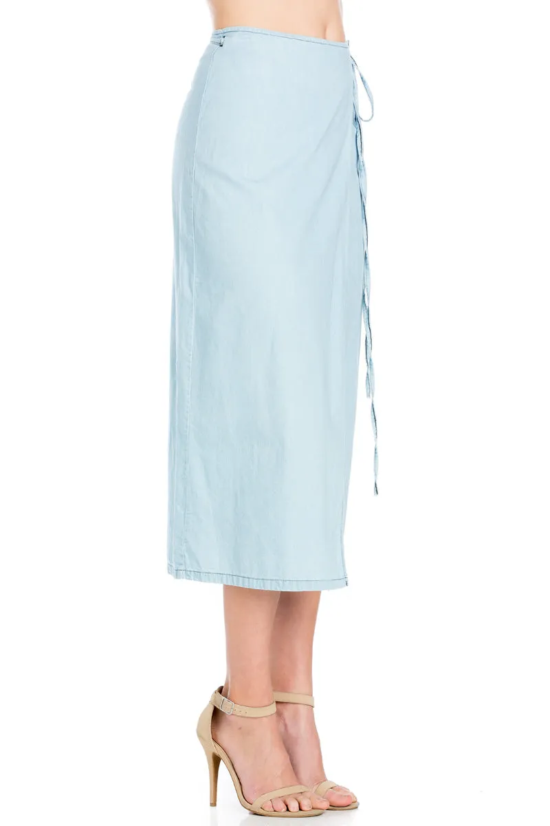 SK9020- Med. Wash High Waisted Wrap Maxi Skirt