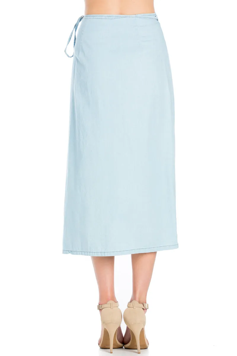 SK9020- Med. Wash High Waisted Wrap Maxi Skirt