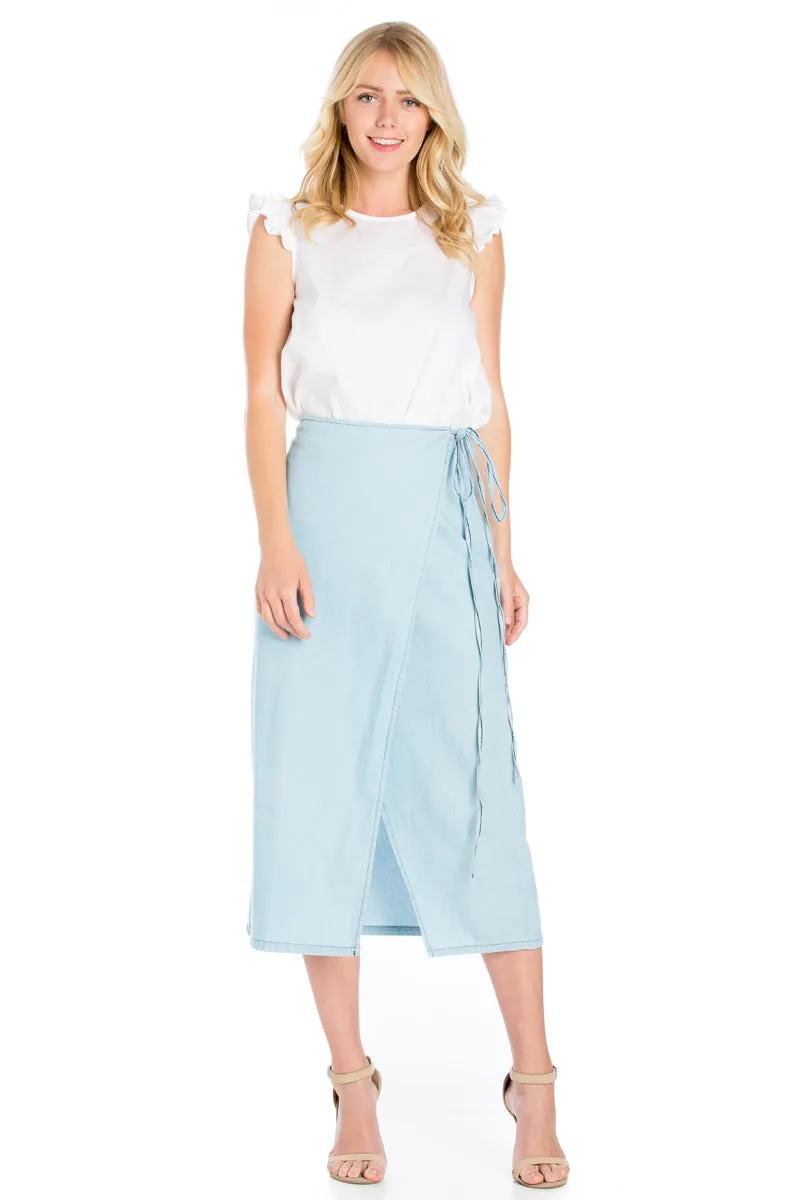 SK9020- Med. Wash High Waisted Wrap Maxi Skirt