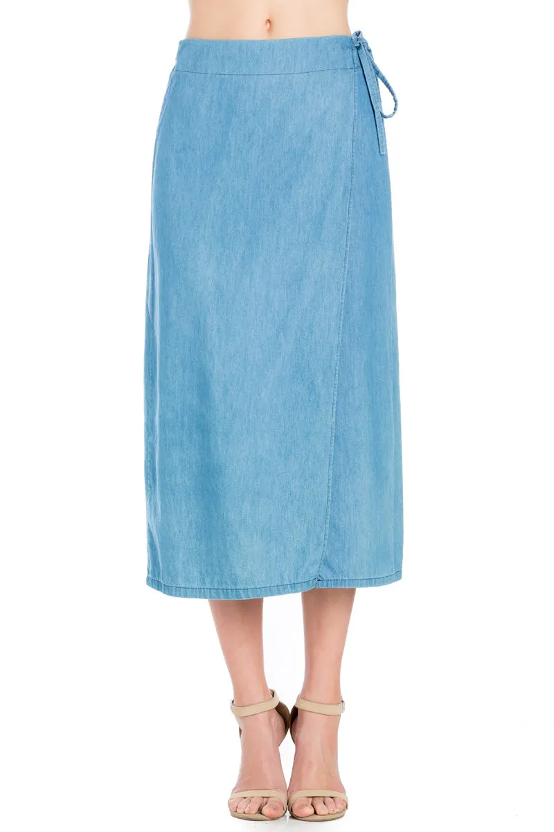 SK9020- Med. Wash High Waisted Wrap Maxi Skirt