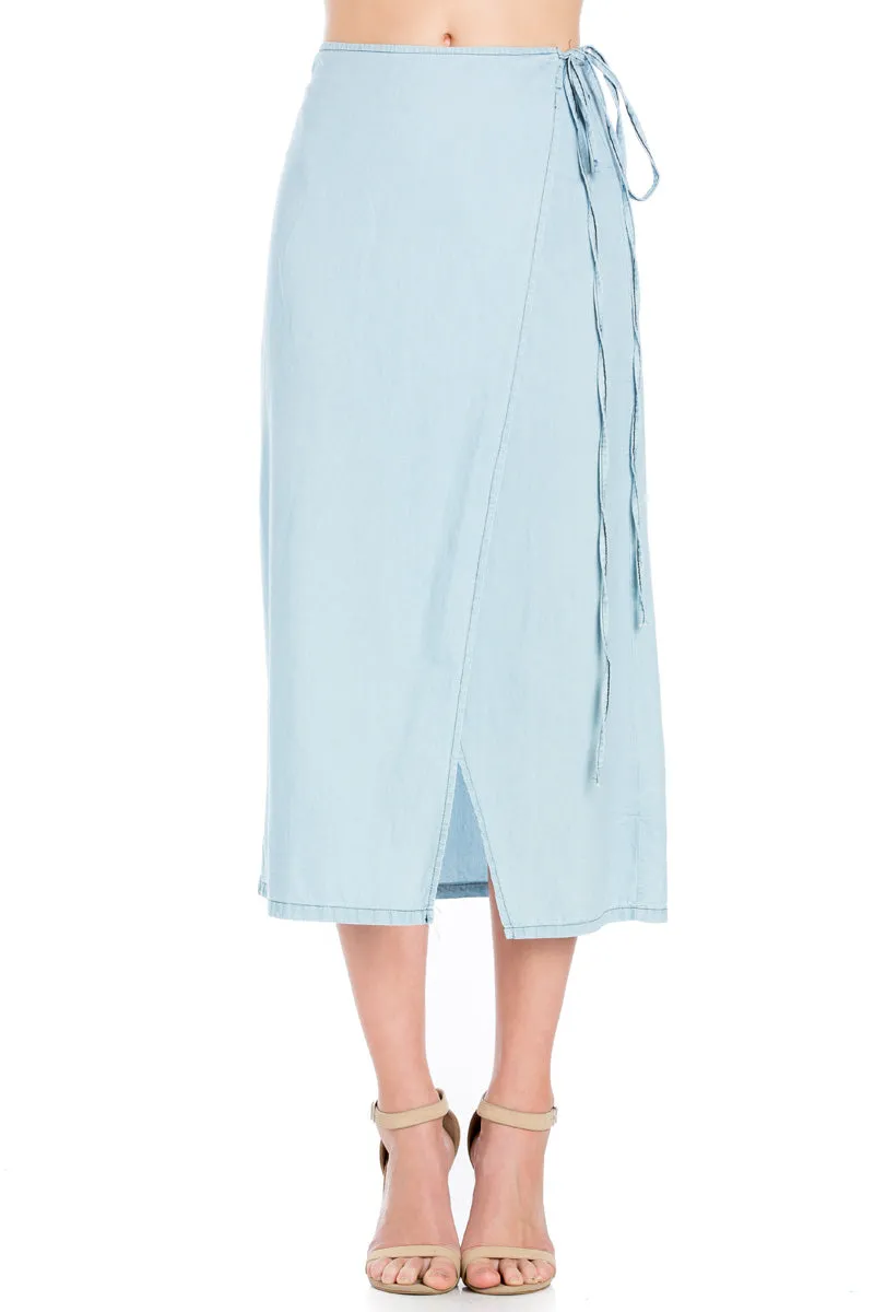 SK9020- Med. Wash High Waisted Wrap Maxi Skirt
