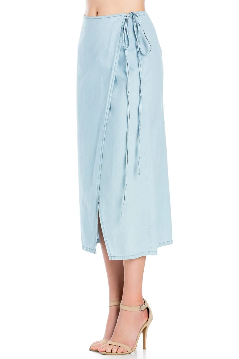 SK9020- Med. Wash High Waisted Wrap Maxi Skirt