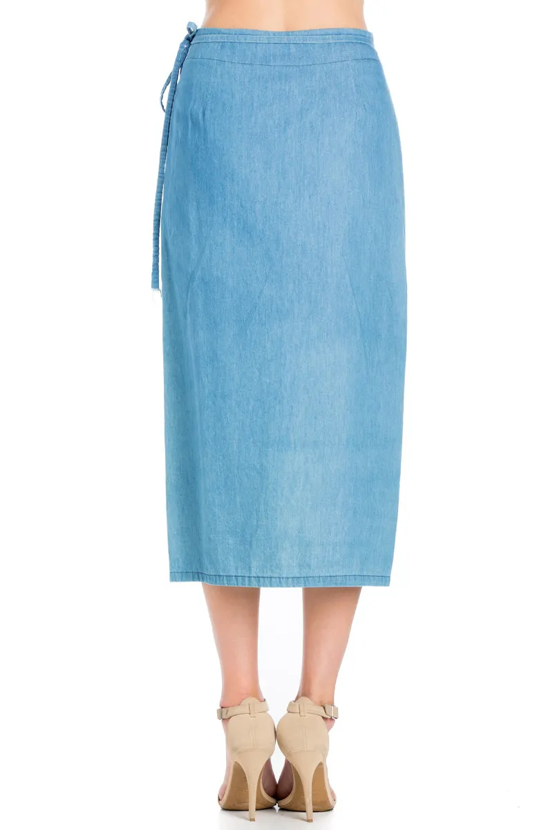SK9020- Med. Wash High Waisted Wrap Maxi Skirt