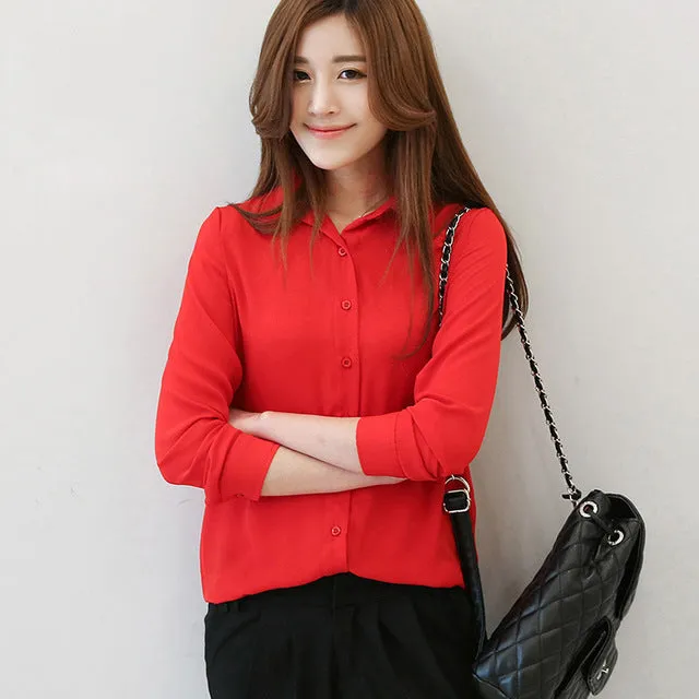 Solid Color Lapel Casual Loose Long Sleeve Shirt