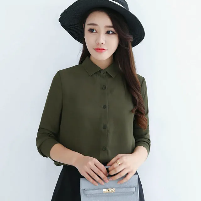 Solid Color Lapel Casual Loose Long Sleeve Shirt