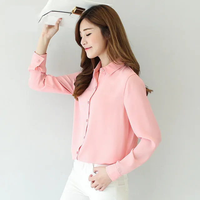 Solid Color Lapel Casual Loose Long Sleeve Shirt