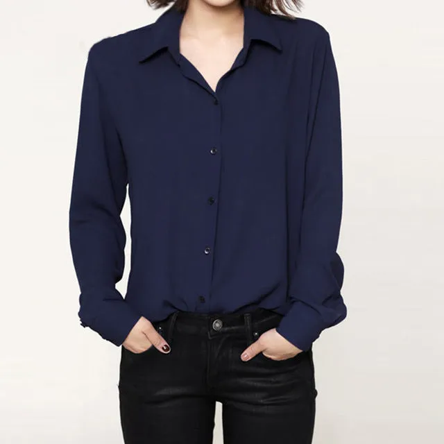 Solid Color Lapel Casual Loose Long Sleeve Shirt