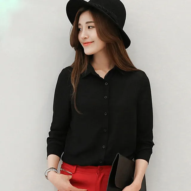 Solid Color Lapel Casual Loose Long Sleeve Shirt