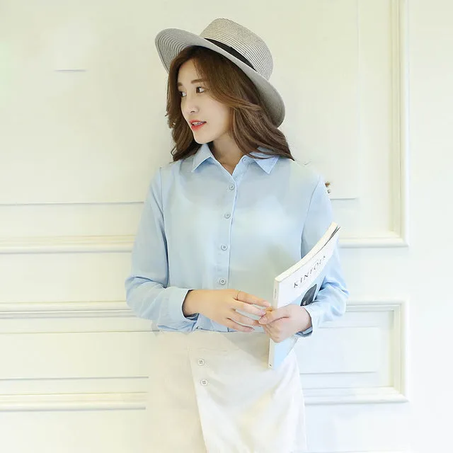 Solid Color Lapel Casual Loose Long Sleeve Shirt