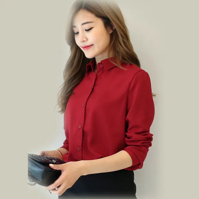 Solid Color Lapel Casual Loose Long Sleeve Shirt