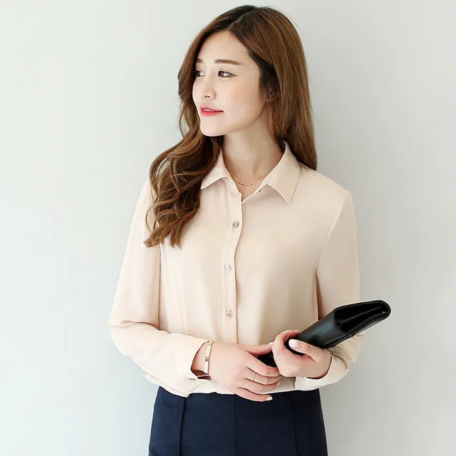 Solid Color Lapel Casual Loose Long Sleeve Shirt