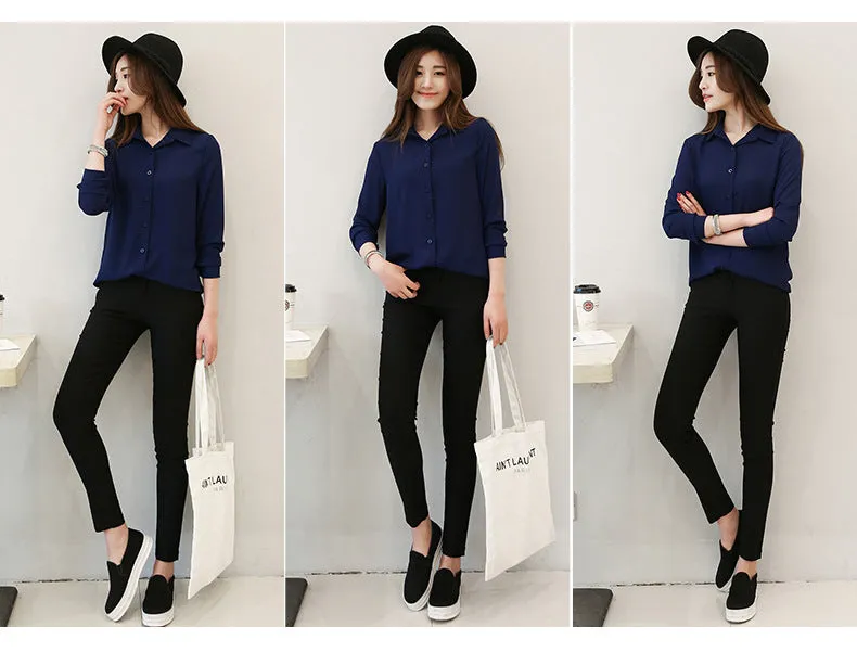 Solid Color Lapel Casual Loose Long Sleeve Shirt