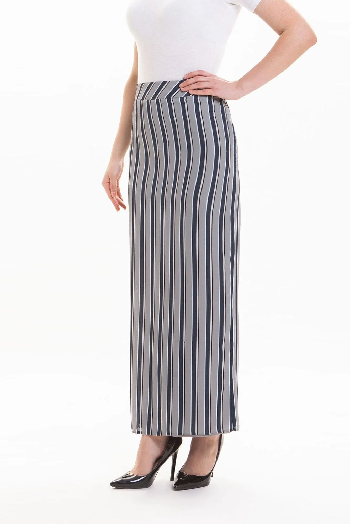 Striped Grey Maxi Pencil Skirt with White Thin Plisse Slit