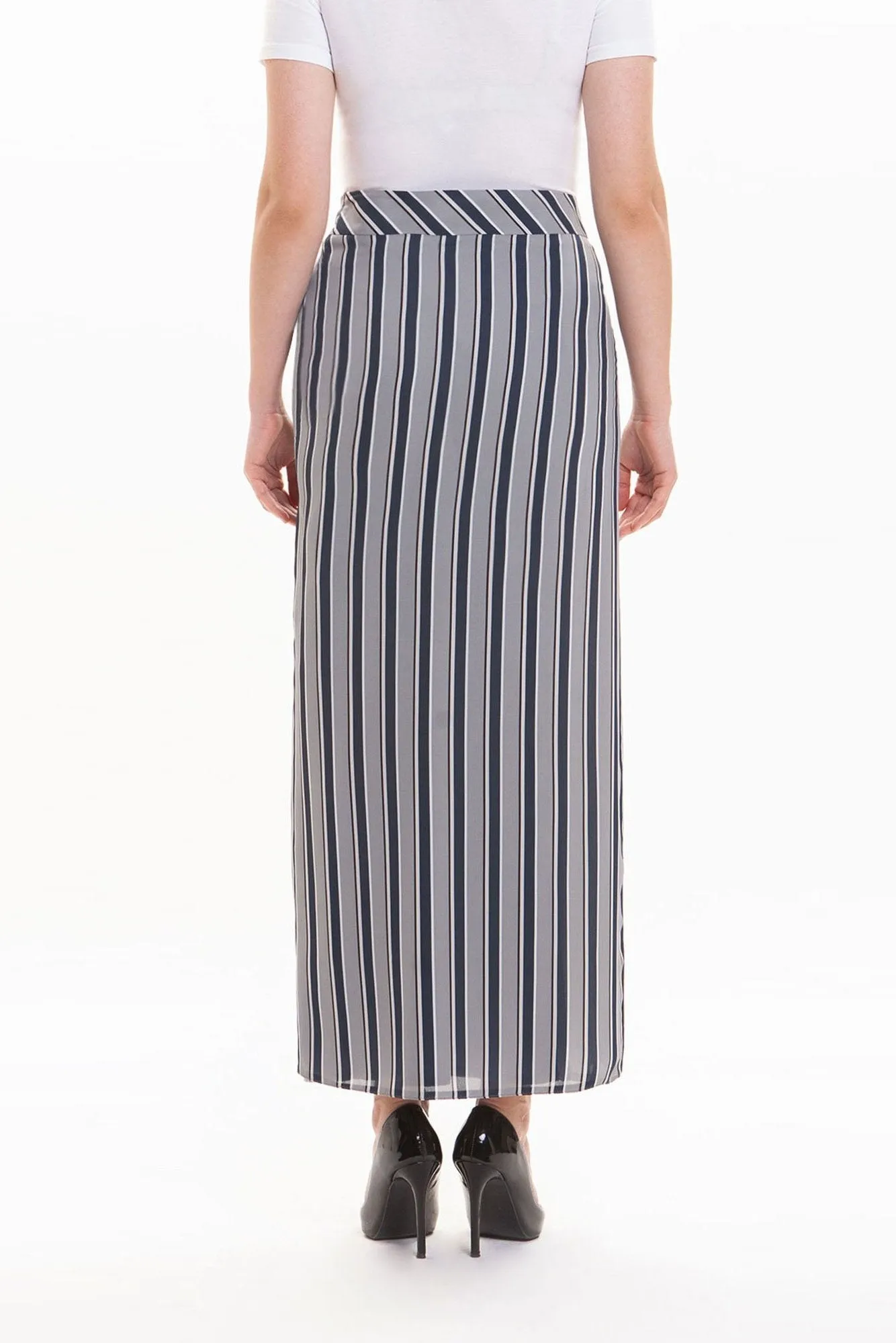 Striped Grey Maxi Pencil Skirt with White Thin Plisse Slit