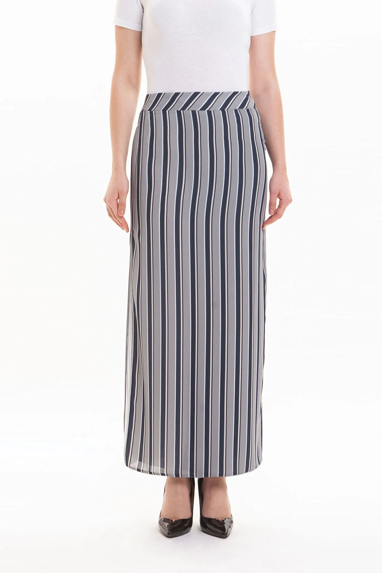 Striped Grey Maxi Pencil Skirt with White Thin Plisse Slit