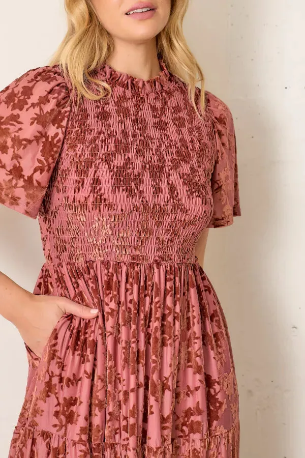 The Gia Printed Velvet Midi Dress in Sienna - FINAL SALE
