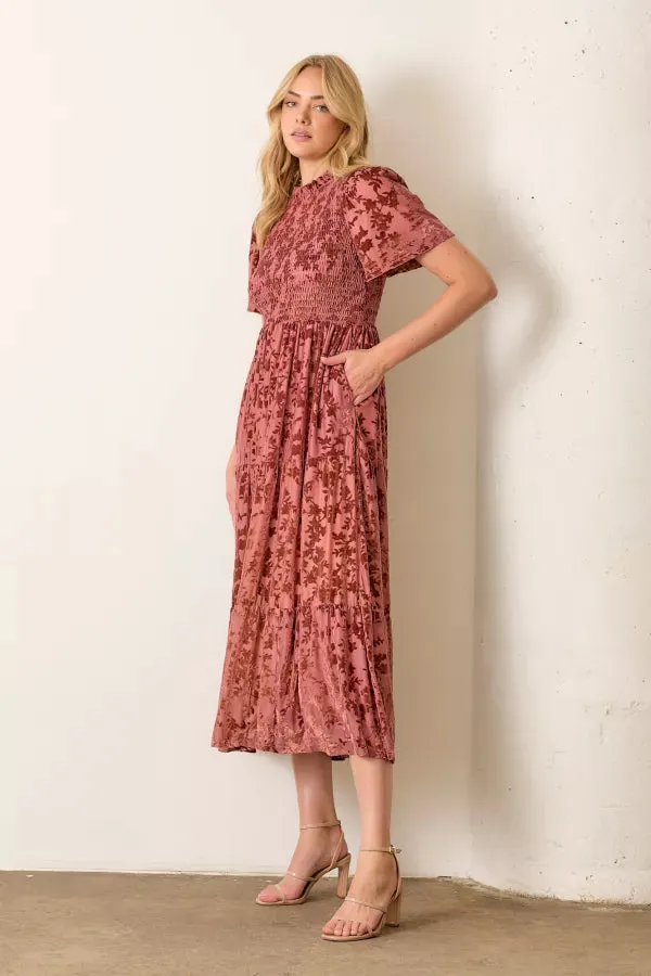 The Gia Printed Velvet Midi Dress in Sienna - FINAL SALE
