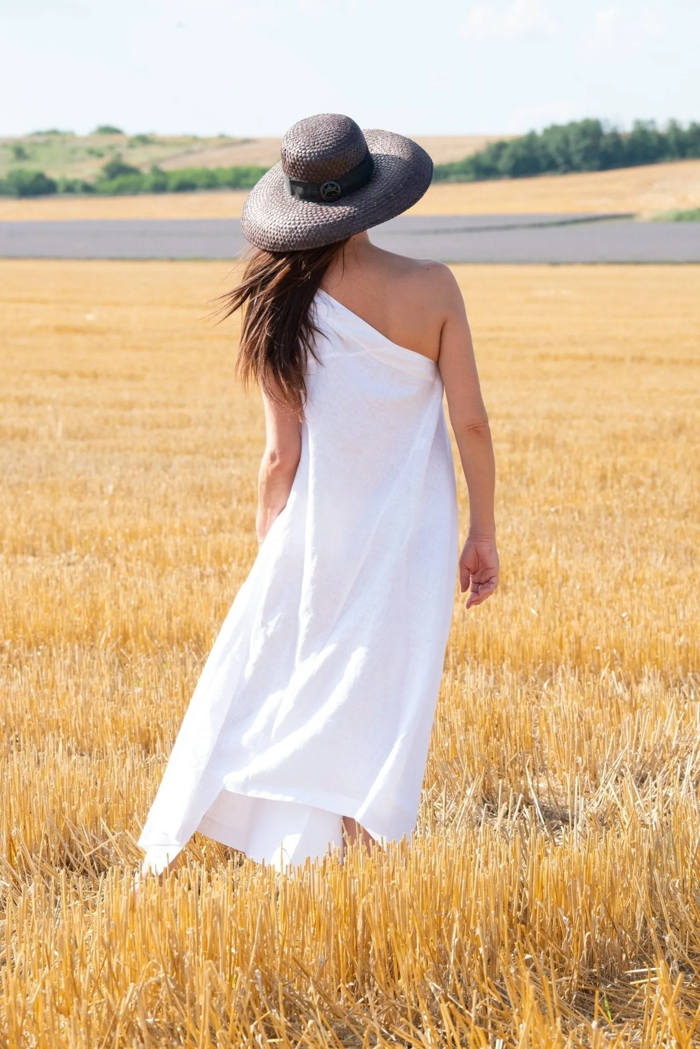 TIFFANY White Linen Dress With One Shoulder