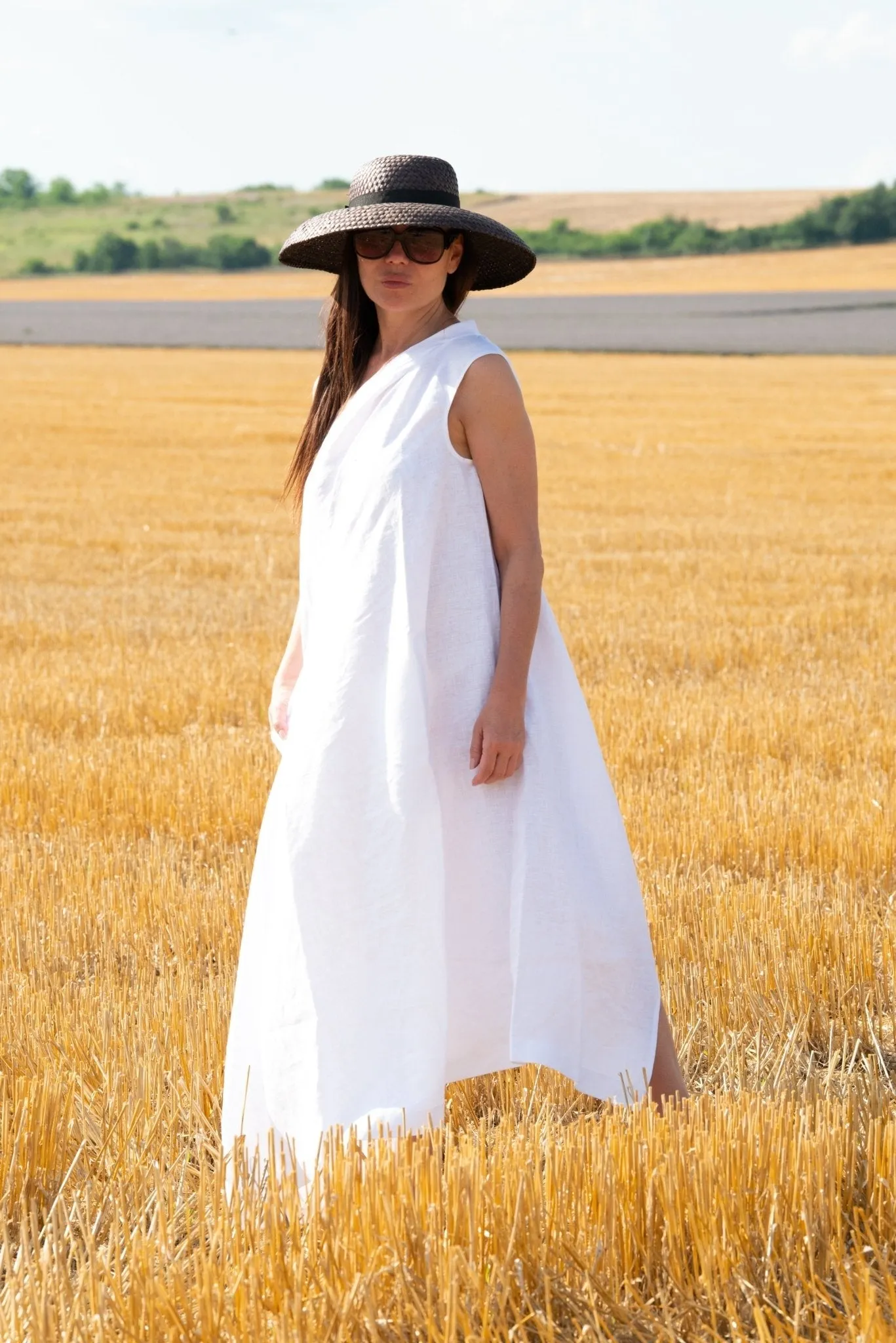 TIFFANY White Linen Dress With One Shoulder
