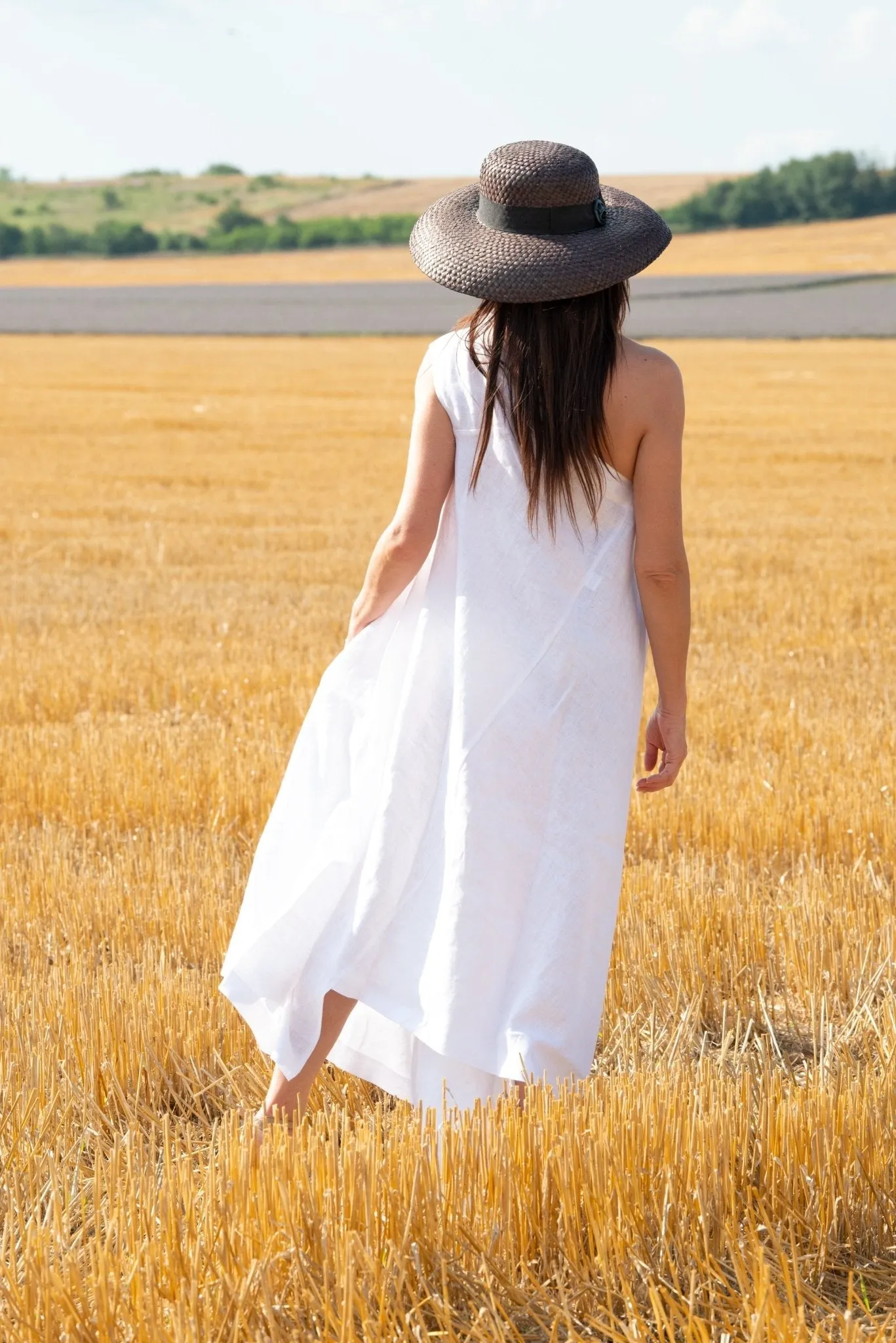 TIFFANY White Linen Dress With One Shoulder