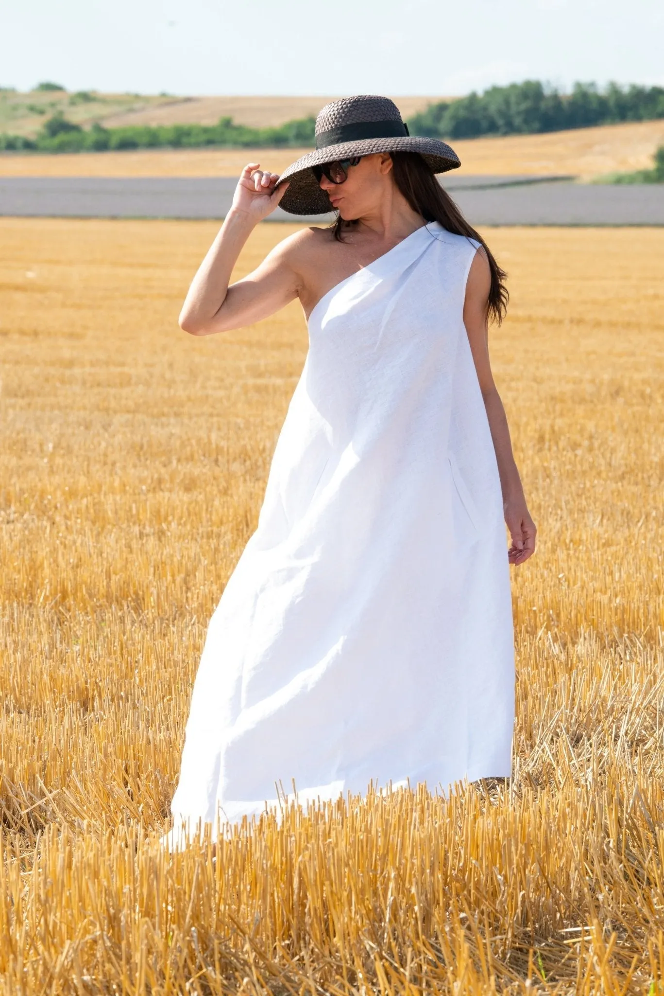 TIFFANY White Linen Dress With One Shoulder